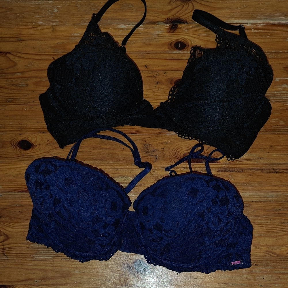 32D Lot Of 2 VS PINK Plunge And Date Push Up